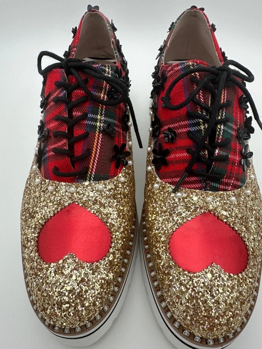 Betsy Johnson Skyyla Lace Up Plarform Oxfords Size 10 Shoes Unique Sparkly Plaid - Picture 5 of 16